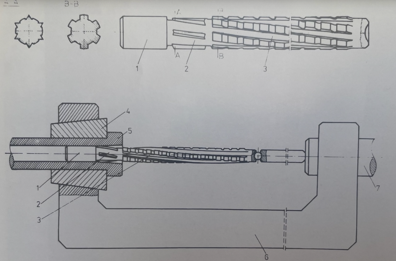 Schemat urządzenia do bruzdowania luf konstrukcji Teofila Czajkowskiego przy